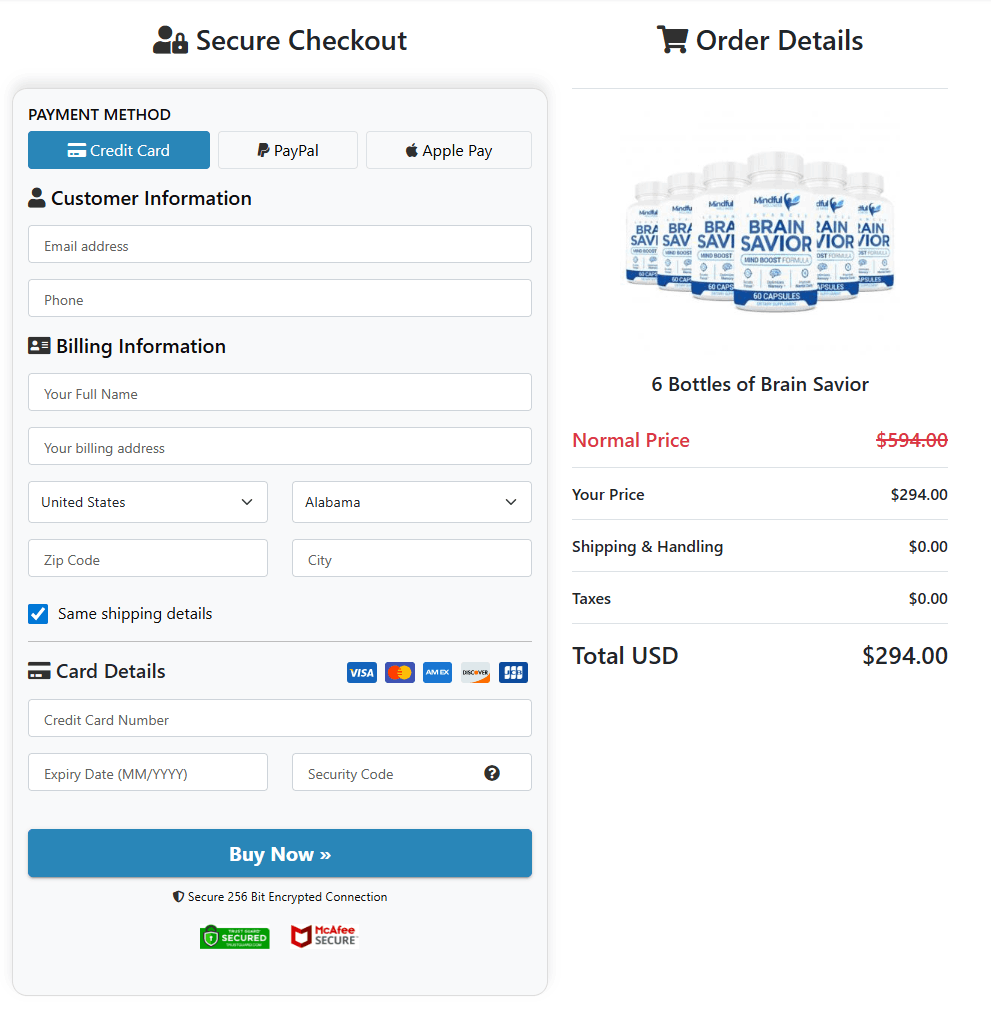 Brain Savior Checkout page